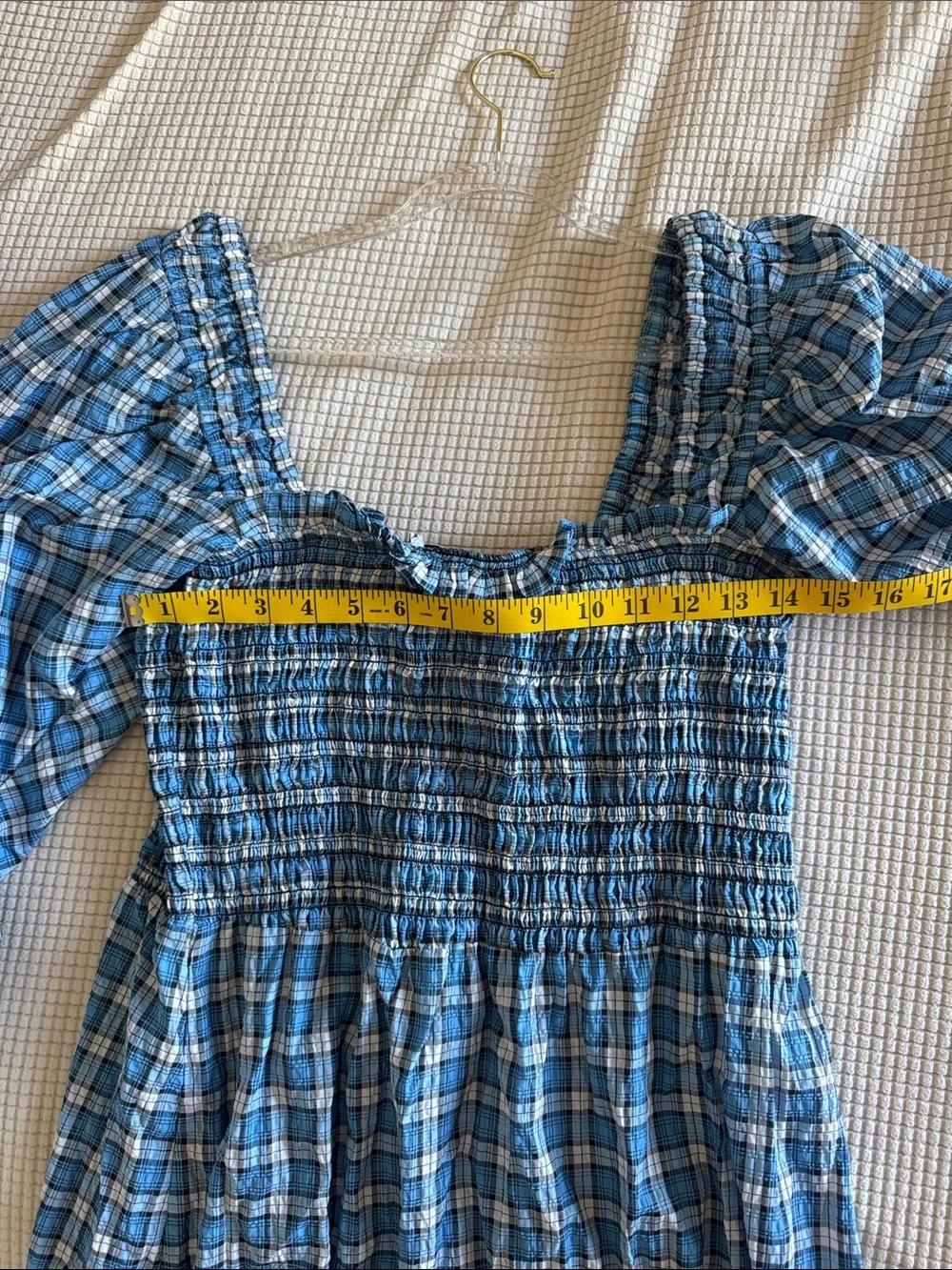 Ganni Blue Plaid Smocked Midi Dress - Women's